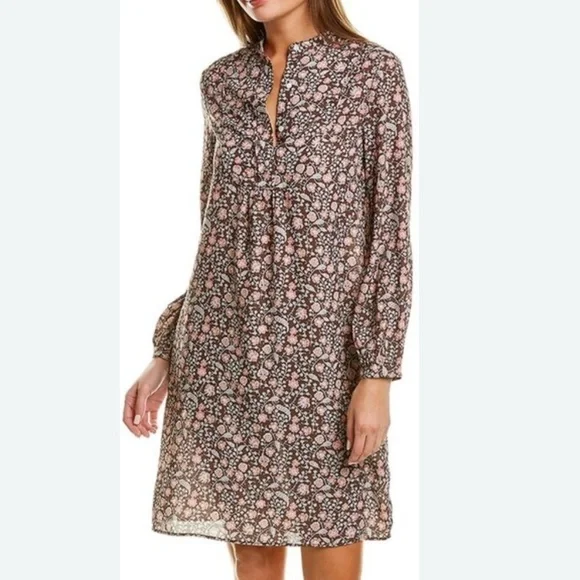 J. McLaughlin Tavia Shift Dress Long Sleeve Pockets Medium Brown & Pink Floral - Picture 1 of 14